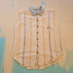 Vtg Gaby Sz M Sleeveless Blouse Button Front Cream Blue Woven Cotton Nepal‎ Boho